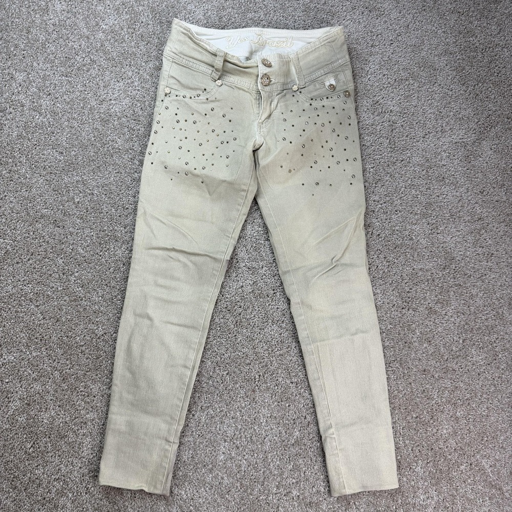 Yes Brazil Skinny Jeans Womens 10 Beige Rhinestone Studded Denim Pants Logo
